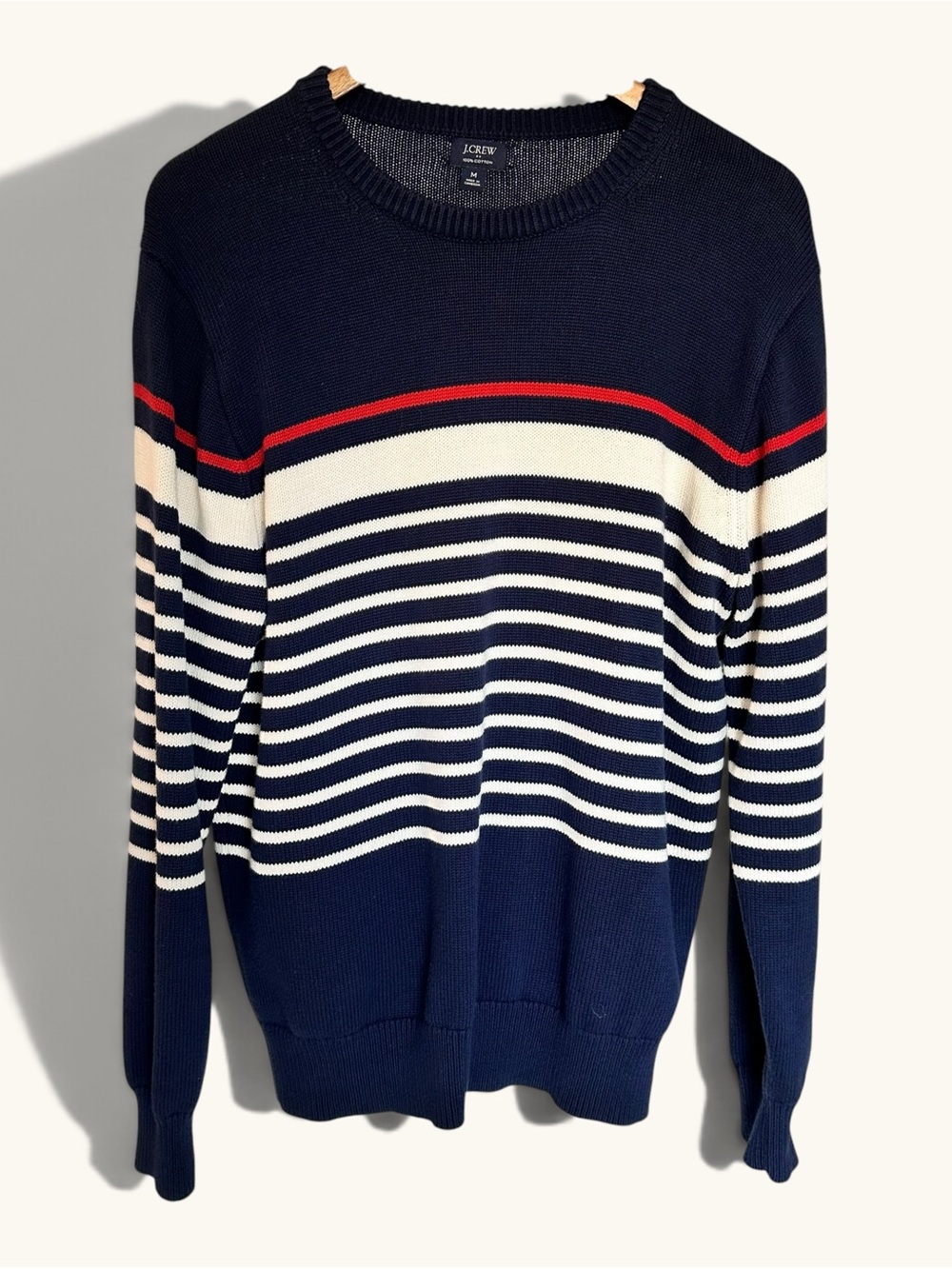 J. Crew Navy Striped Crewneck Sweater with Cream and Red Accents